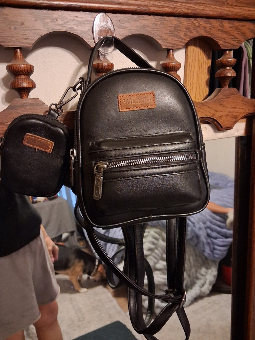 Wrangler Black Mini Leather-Look Backpack with Brown Patch and Coin Pouch